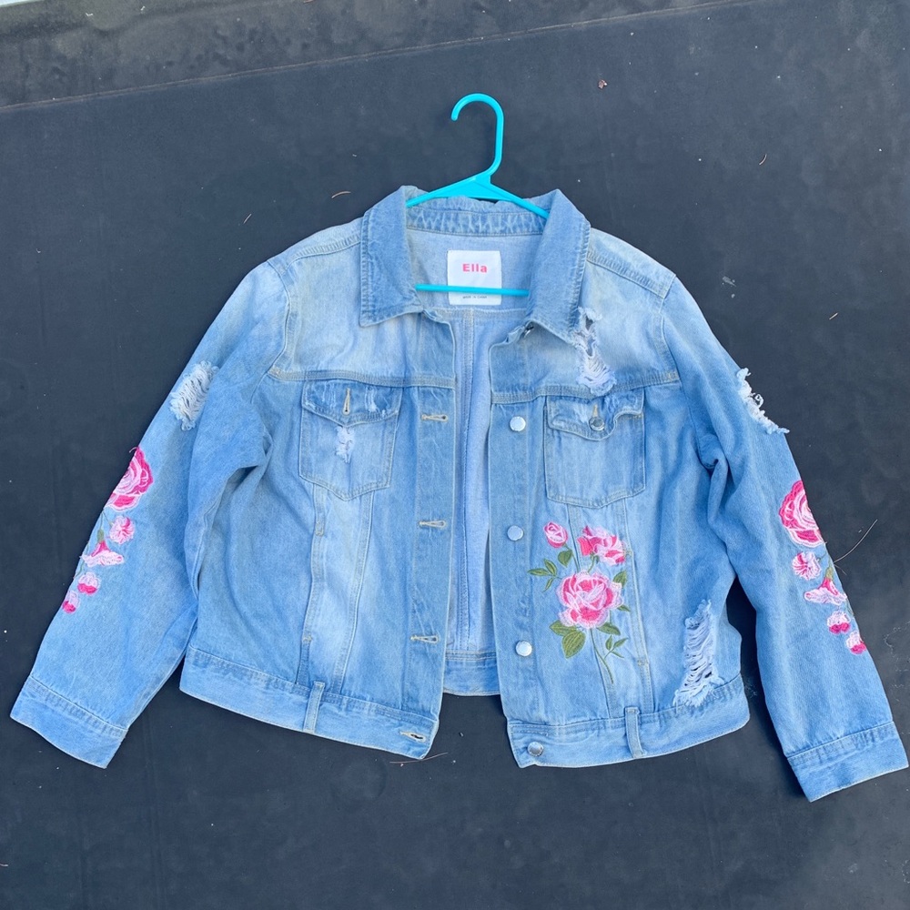 Distressed Embroidered Jean Jacket